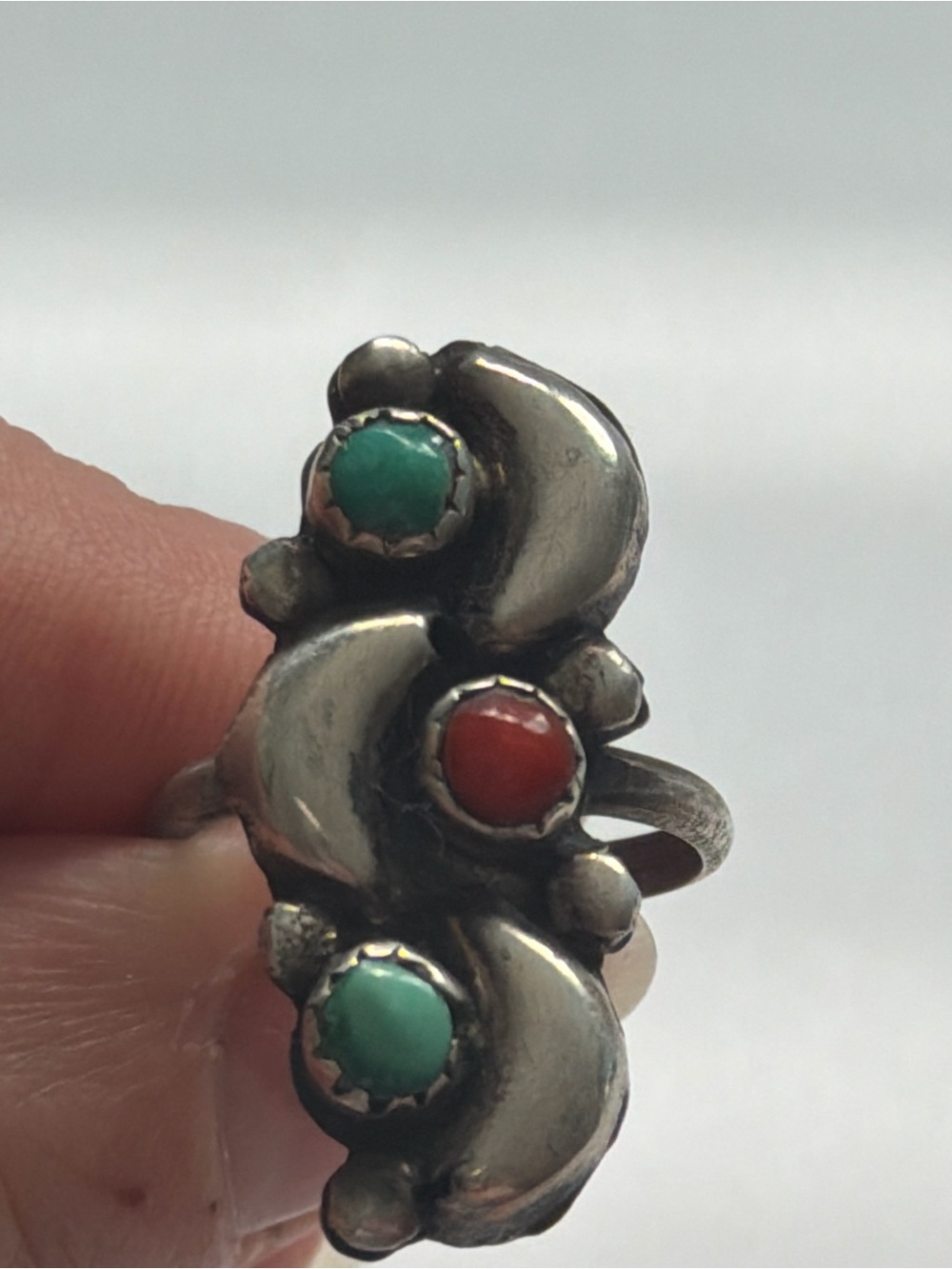 Vintage Southwestern Turquoise Coral Sterling Silver Ring